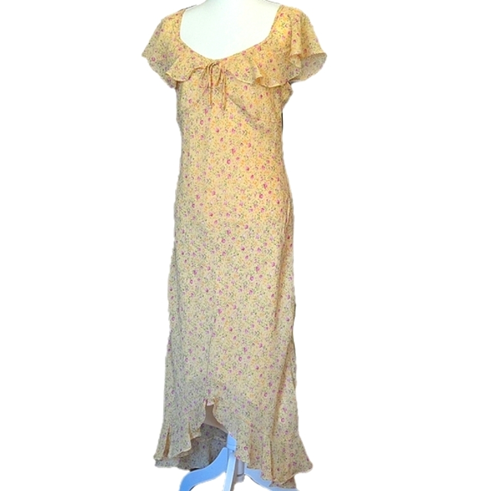 Vintage Dress Light Yellow Floral Flutter Sleave Ruffle Trim Long Midi Size 10